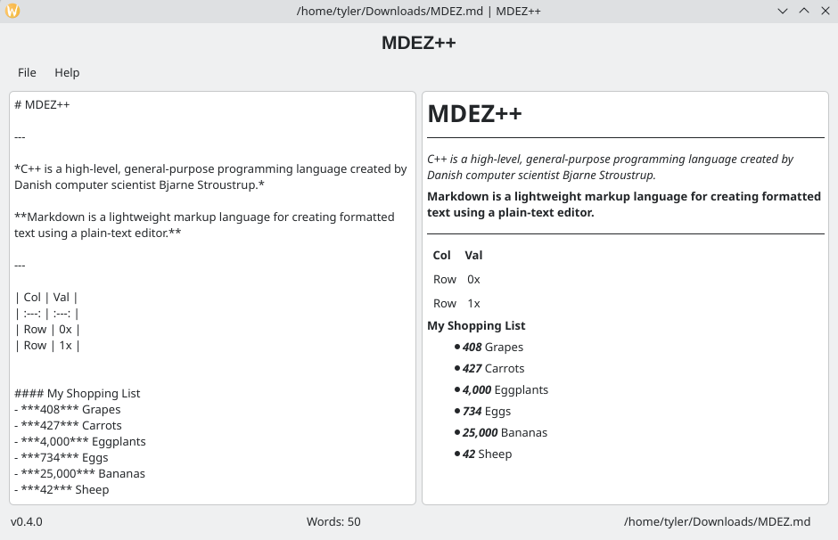 MDEZ++ C++20 and Qt Markdown editor interface with live preview